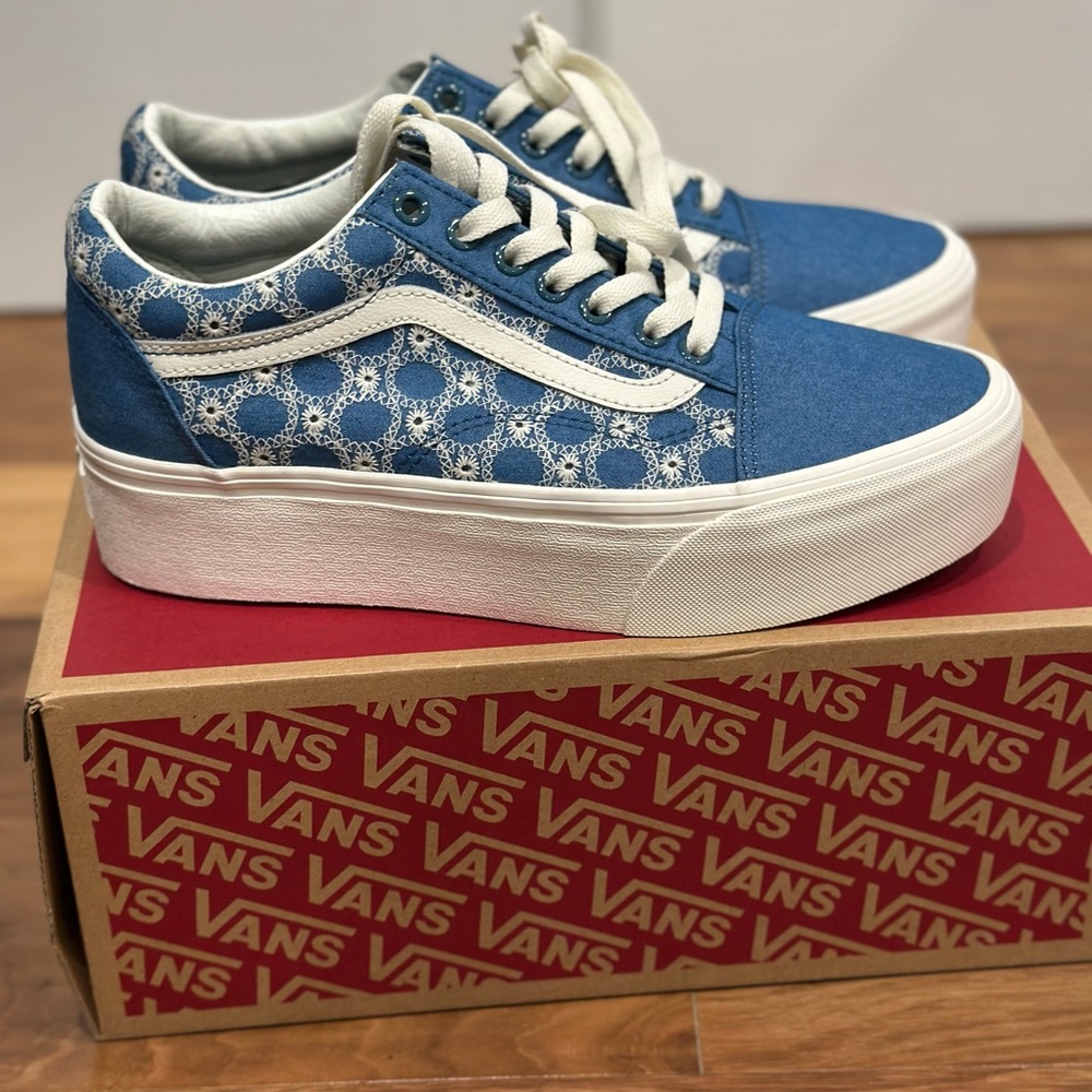 Vans Old Skool Denim Blue and White Platform Shoes